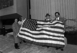 Flag raising at the new Federation building, Jan 1992. R to L: Michael Berke, C. Buttler, Mark Schlussel, Bob Aronson.